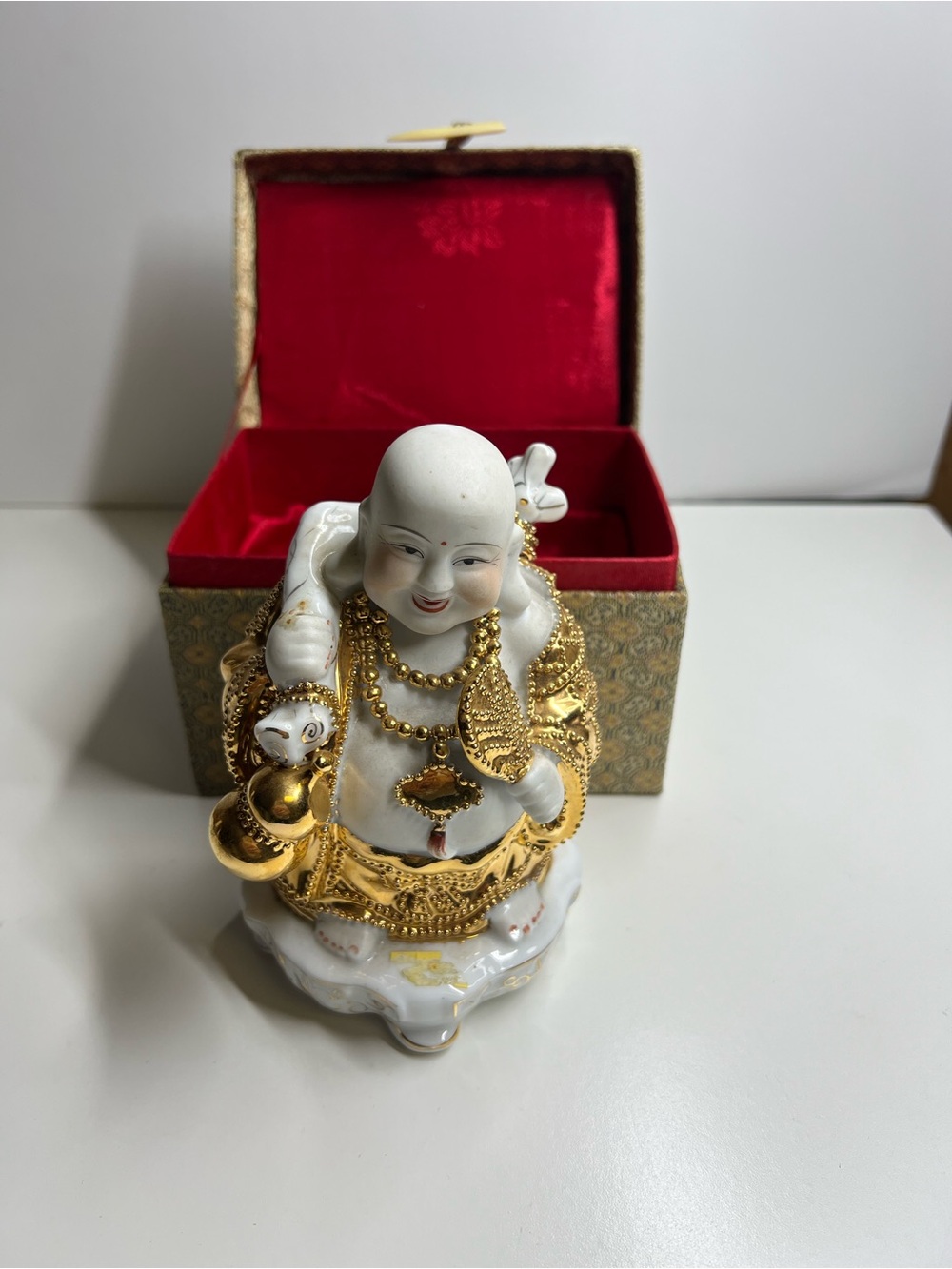 White and Gold Laughing Buddha Figurine with Gift Box